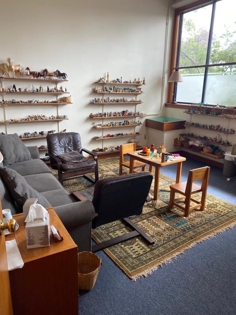 Therapy office with comfortable seating and shelves